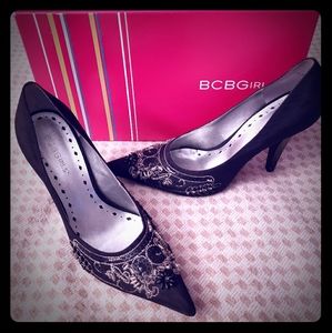 BCBG Black "Raw Silk" Heels, 6.5M